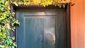 Una puerta verde oscuro de diseño sencillo, rodeada de follaje verde.
