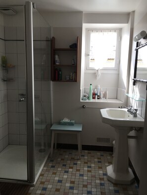 Dusch, hårtork, handdukar och toalettpapper