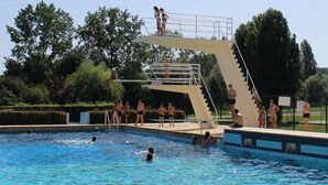 Ein Schwimmbecken mit Sprungbrett, umgeben von Bäumen und blauem Himmel.