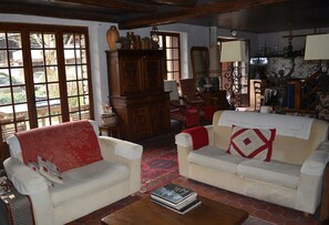Een televisie, een open haard, boeken en een muziekbibliotheek