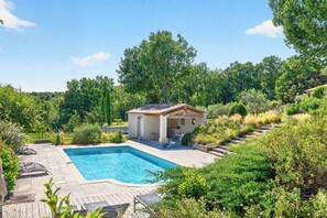 Outdoor pool, a heated pool - LARGE HOUSE, GORDES , heated swimming pool , view over Goult, Roussillon (Joucas)