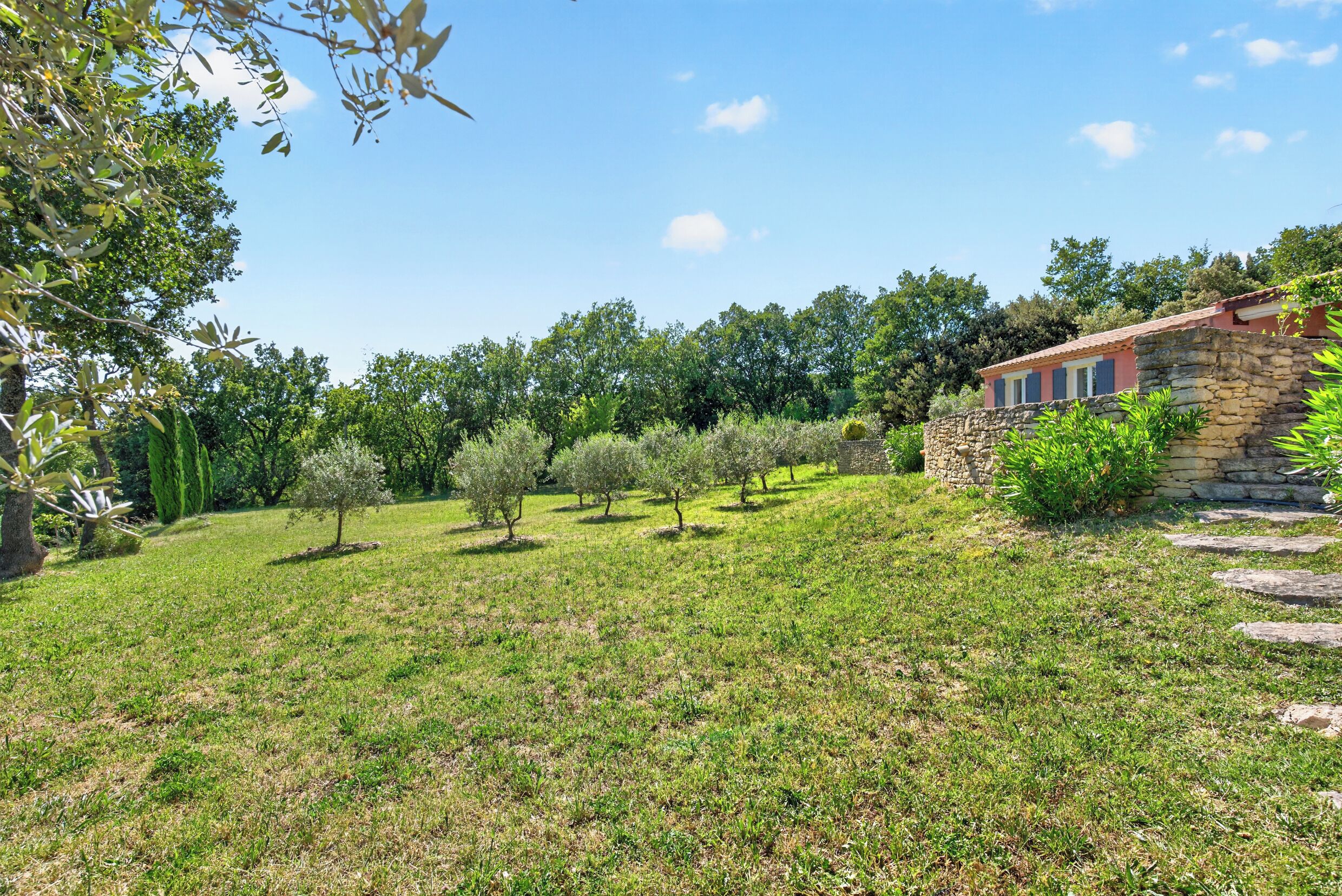 A stone building with a red roof, surrounded by a grassy area with trees and a clear blue sky.