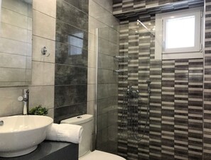 Shower, hair dryer, towels, soap