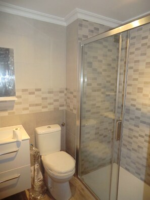 Dusche, Haartrockner, Handtücher, Toilettenpapier