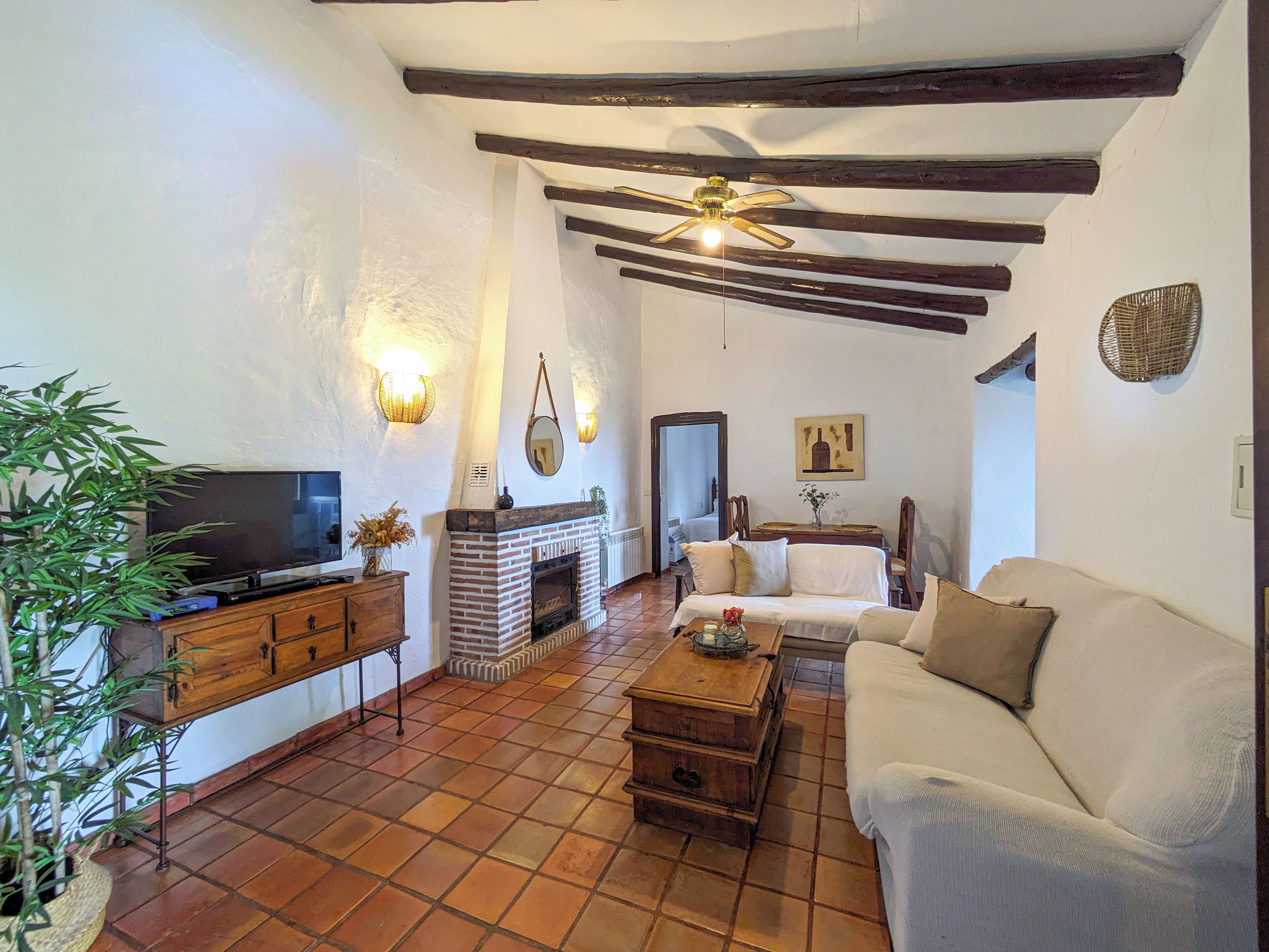 Télévision, cheminée, lecteur de DVD, chaîne hi-fi