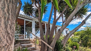 A stone staircase leading to a glass door, surrounded by tropical plants and a clear blue sky.