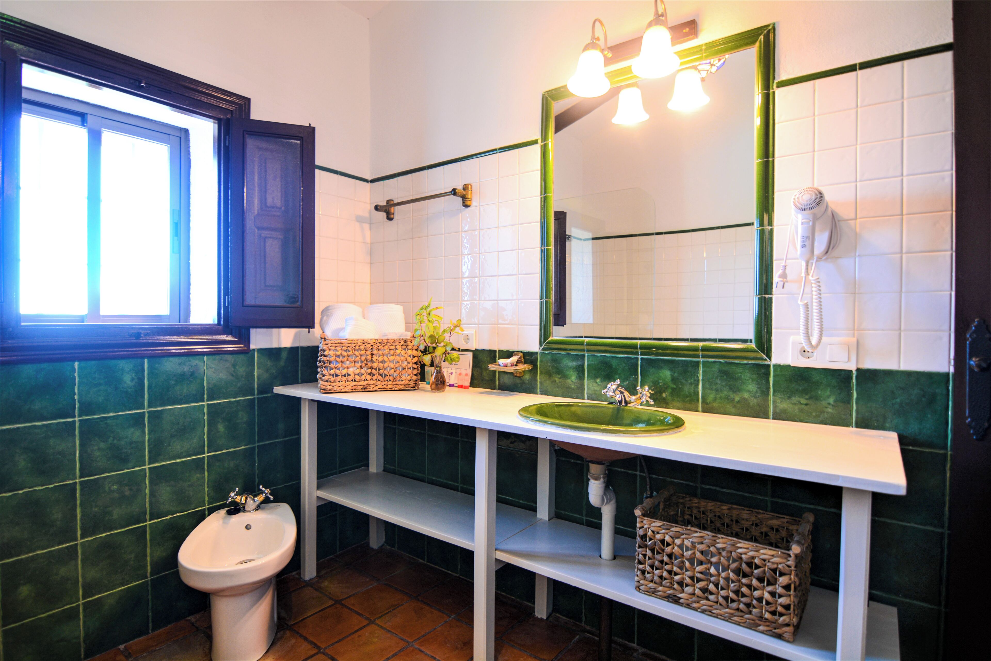 A bathroom with a white sink, a mirror, a hairdryer, and a window.
