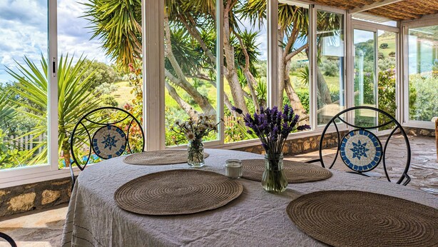 A sunlit room with large windows, woven placemats, and a vase with purple flowers.