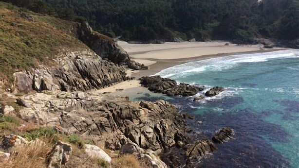 A coastal landscape with a rocky shoreline, a sandy beach, and a forested hill in the background.