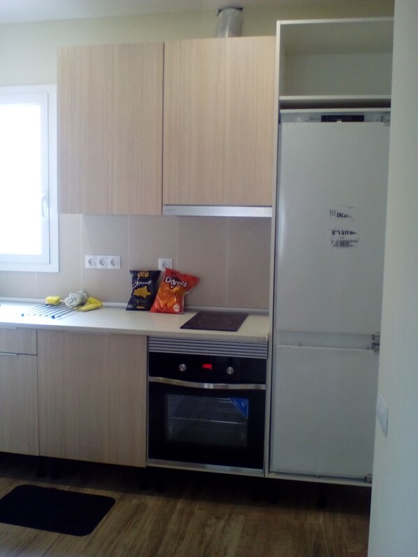 Fridge, oven, stovetop, coffee/tea maker