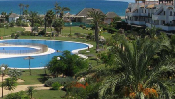 Un resort con una grande piscina circolare, palme e vista sull'oceano.