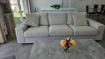 Télévision, lecteur de DVD, table de tennis de table, livres