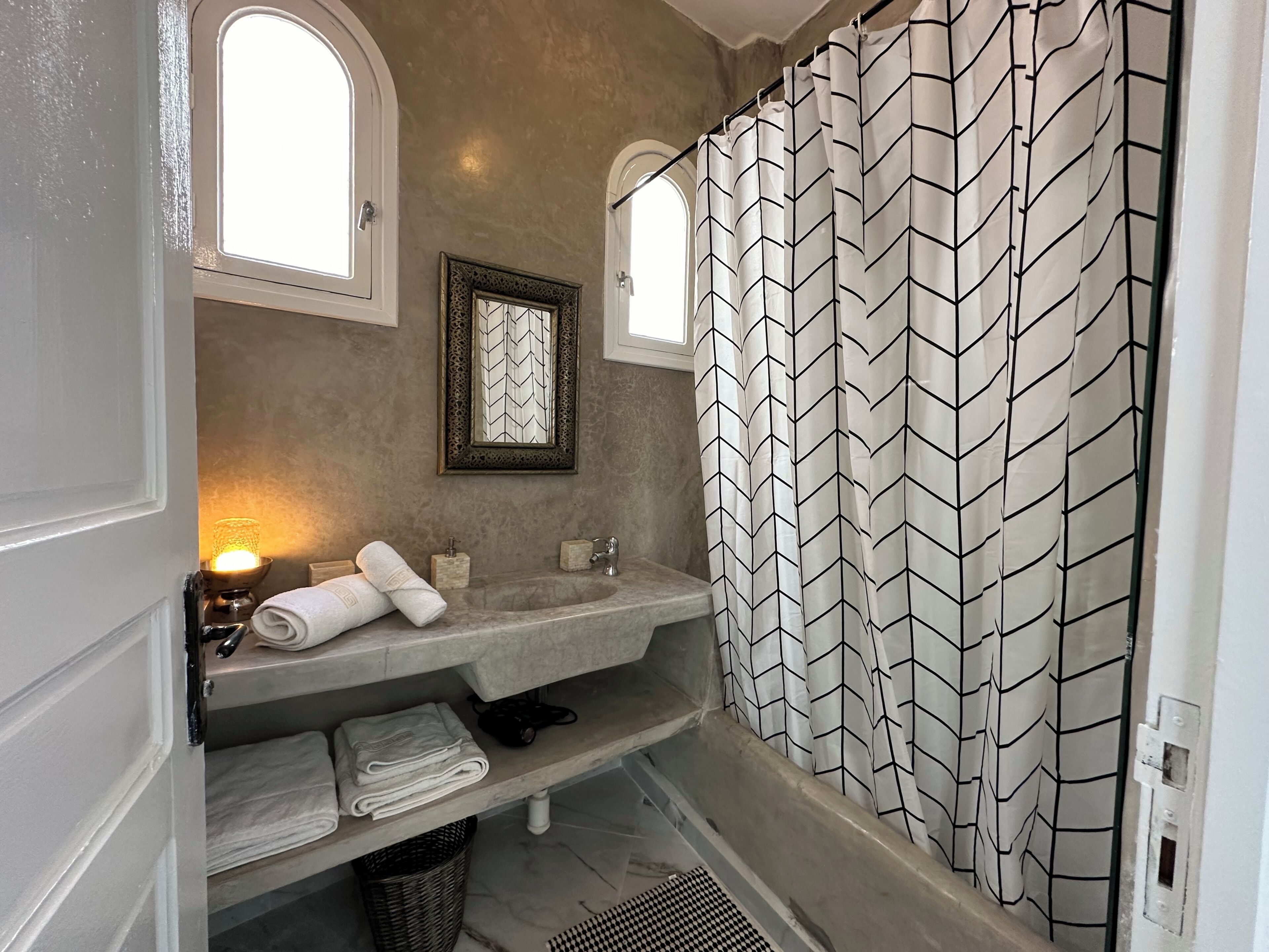 Hair dryer, towels, toilet paper
