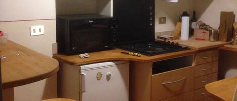 Fridge, microwave, stovetop, cookware/dishes/utensils