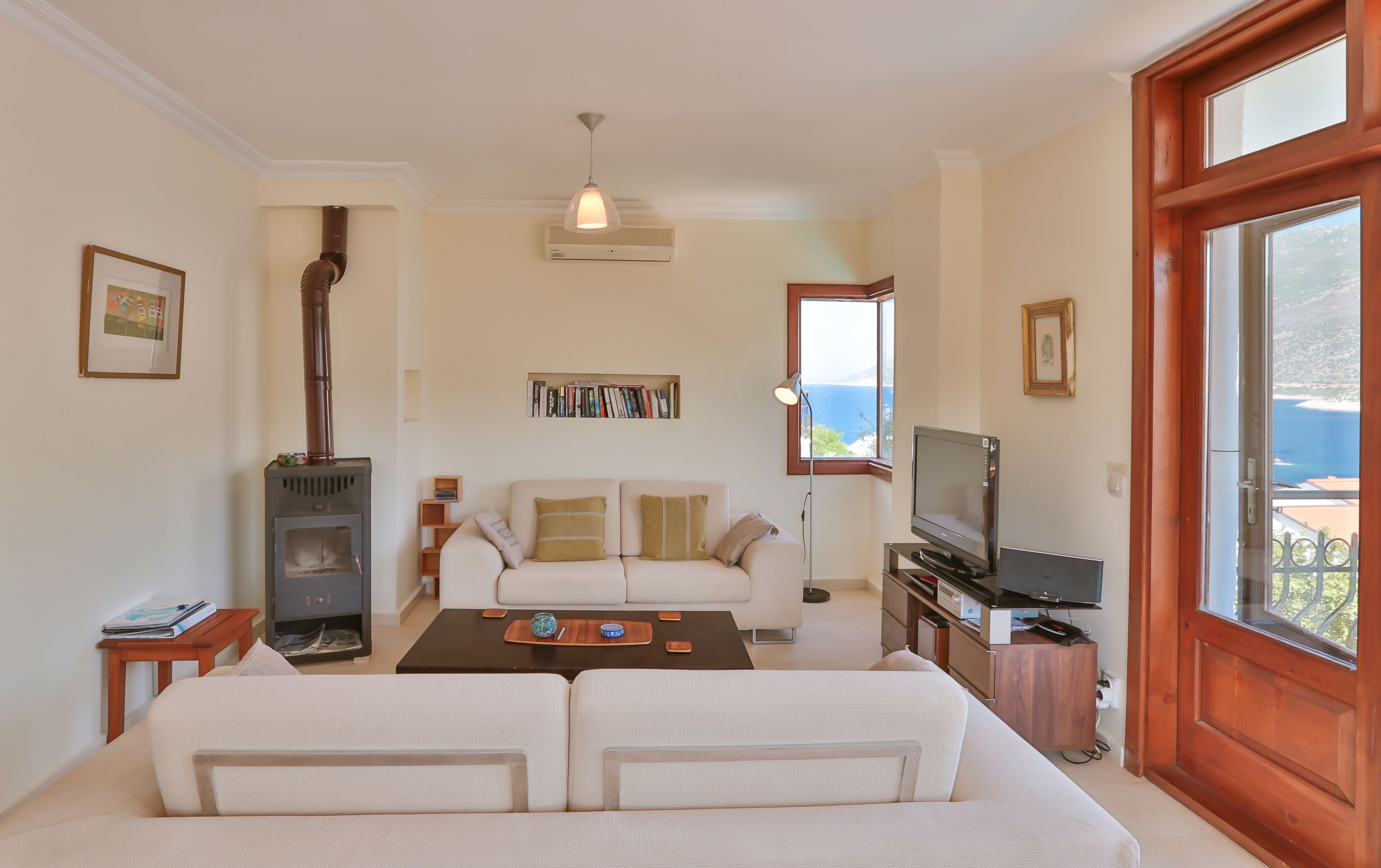 Smart TV, caminetto, lettore DVD, libri