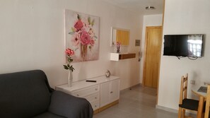 Televisie, een open haard en een dvd-speler