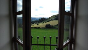 A view through a window with a metal railing, revealing a green field with sheep and rolling hills in the distance.
