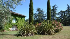 Uma casa com varanda coberta, cercada por um jardim com árvores altas e plantas floridas.