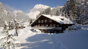Una cabaña de madera con balcón, rodeada de árboles nevados y montañas.