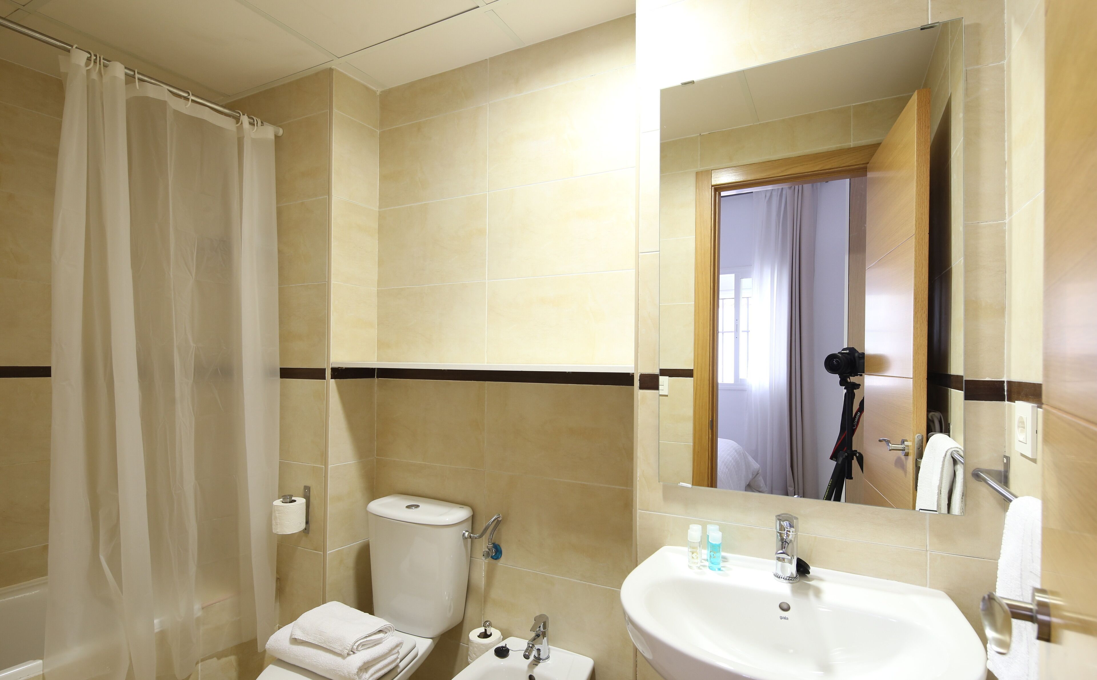 Combined shower/bathtub, hair dryer, bidet, towels