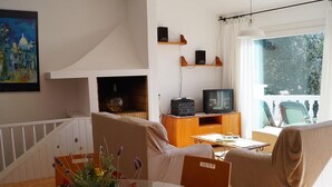 Una sala de estar con un sofá, una mesa con un florero, un televisor y una chimenea.