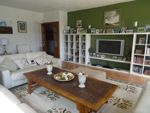 Téléviseur connecté, foyer, lecteur de DVD, table de ping-pong