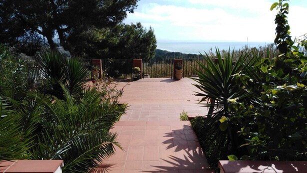 Une terrasse dallée, agrémentée de plantes en pot, avec vue sur la mer.