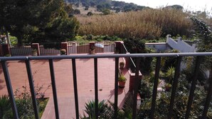 Une terrasse offrant une vue sur un paysage côtier, avec des arbres et une plage qui s’étend au loin.
