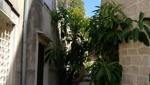 Un estrecho callejón con paredes de piedra, una tubería de metal y una puerta de madera.