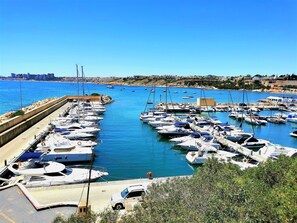 Un puerto deportivo con numerosas embarcaciones amarradas, cielo despejado y un paisaje urbano al fondo.