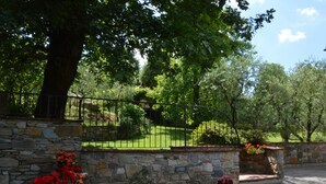A stone wall with a metal fence, a stone bench, and a flower bed with red flowers. - Villa with private pool in Lucca, special offers! (Capannori)