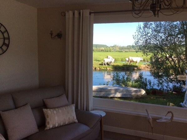 A room with a sofa and a window overlooking a pond with cows.