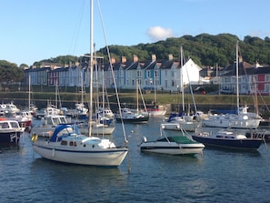 Moored sailboats and motorboats line the marina, surrounded by historic houses and lush greenery.
