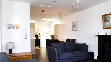 Smart TV, fireplace, books