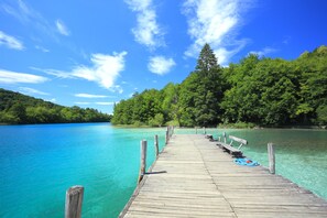 A wooden pier extending into a clear blue lake, surrounded by lush green trees.