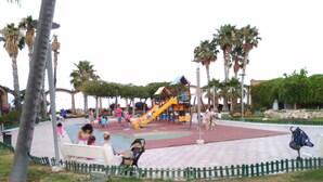Un parque infantil con toboganes y estructuras para escalar, rodeado de palmeras y una valla verde.