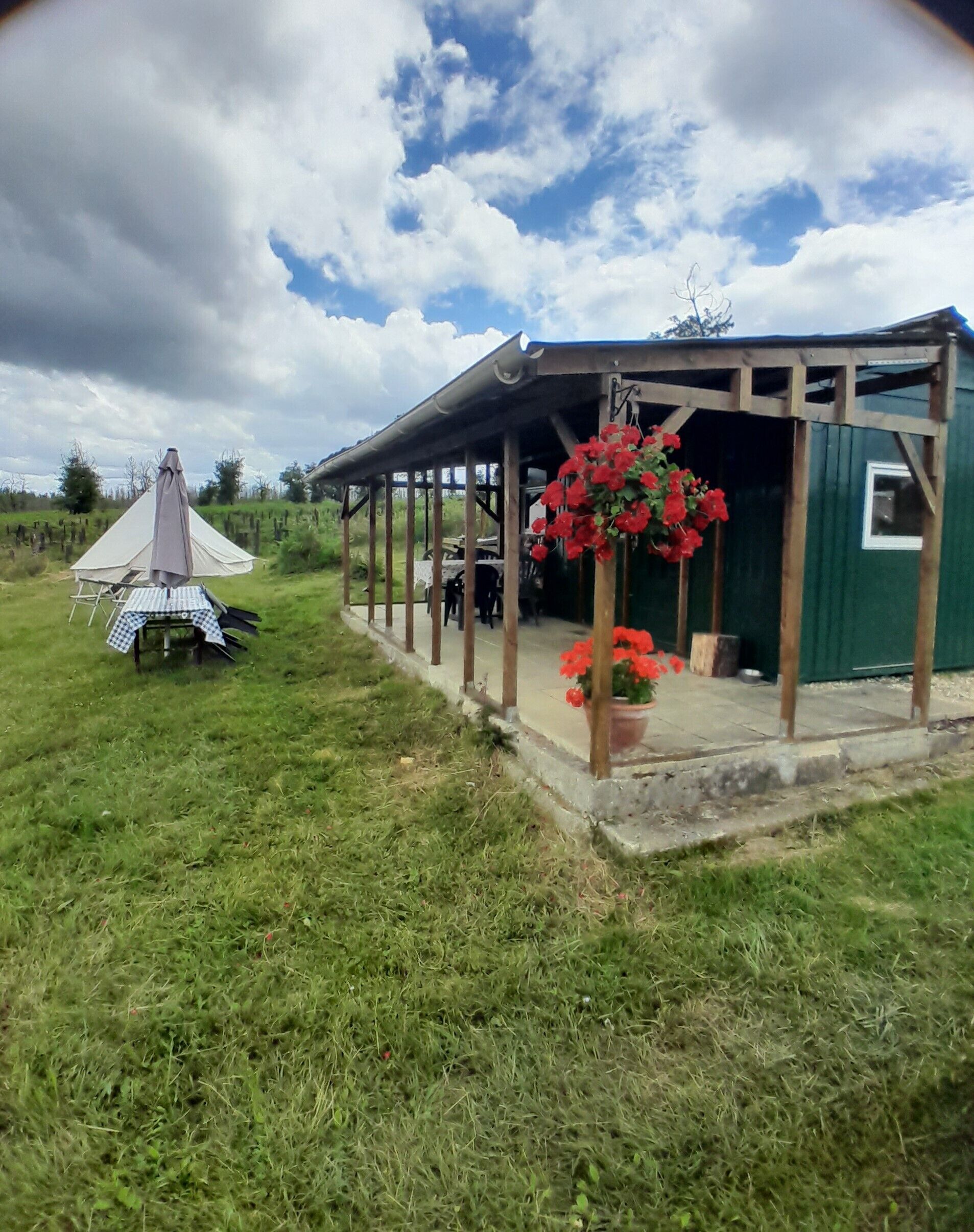 Une construction rustique en bois, dotée d’un porche abrité, d’une table recouverte d’une nappe à carreaux et d’un pot de fleurs aux fleurs rouges.