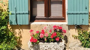 Ein Fenster mit Holzläden, eine Steinstufe mit Blumen und eine strukturierte Wand.