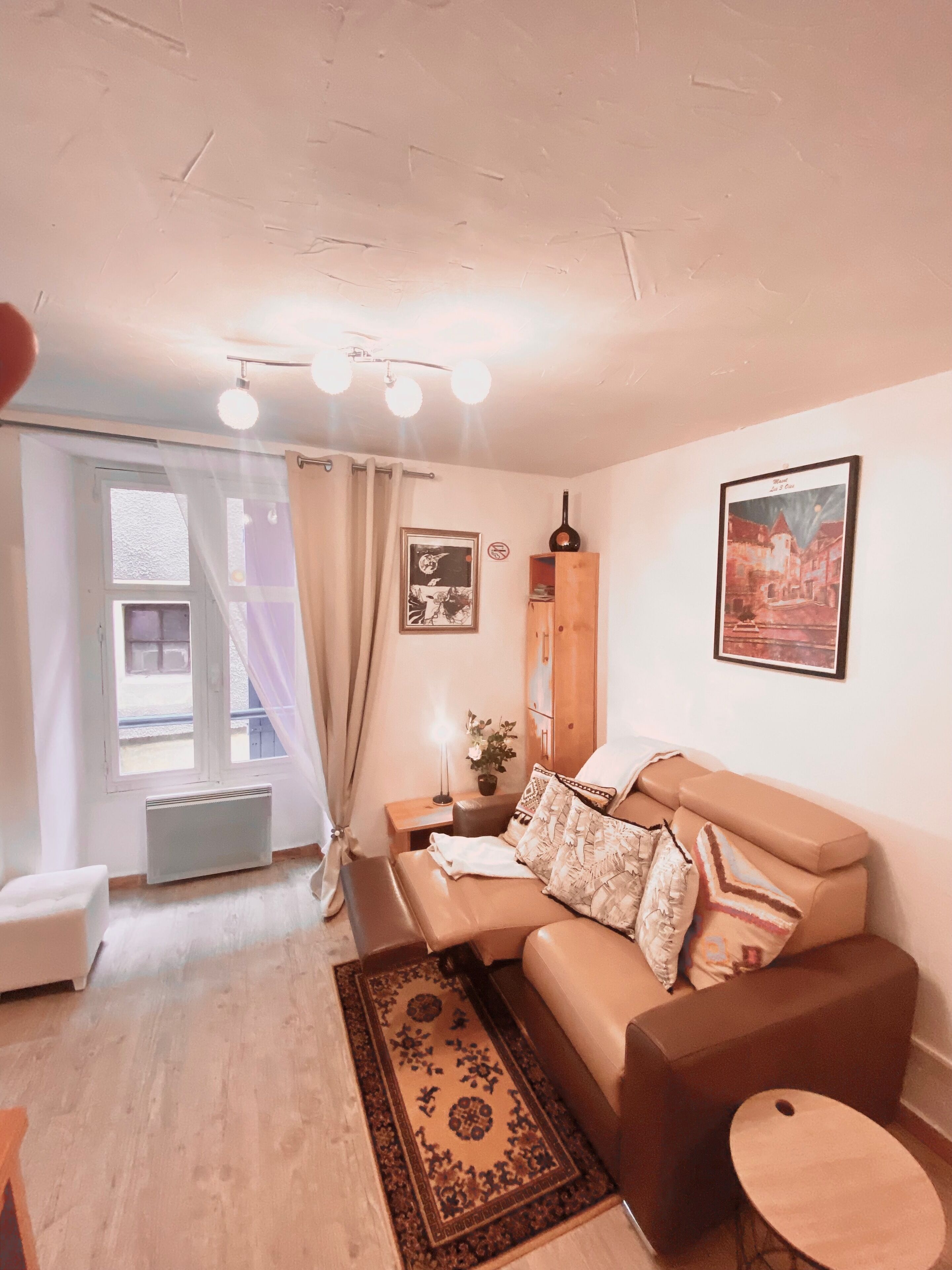 Een woonkamer met een bank, een klein tafeltje, een radiator, een raam met gordijnen, een aan de muur hangend schilderij en een plafondlamp.