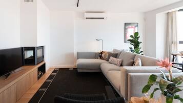 Un salon moderne avec un téléviseur à écran plat, un canapé gris, un fauteuil noir, un meuble en bois, un tapis noir et une grande plante en pot.