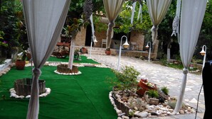 Un jardin avec du gazon synthétique, des plantes en pot et un chemin en pierre.