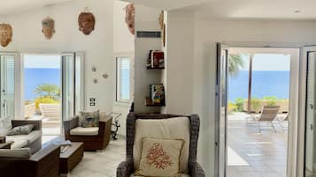 Smart TV, caminetto, libri, impianto stereo