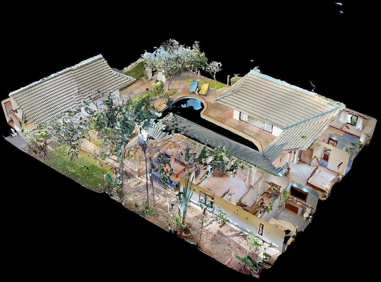 Un modèle 3D d’un immeuble résidentiel comprenant plusieurs pièces, une piscine et un espace jardin.