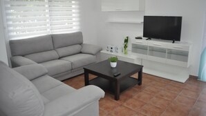 Un salon avec un canapé gris, une table basse ornée d’une plante, un téléviseur posé sur un meuble blanc et une fenêtre avec des stores.