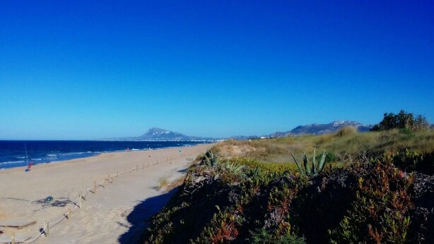 Une plage avec un ciel dégagé, un rivage sablonneux et une montagne à l’horizon.