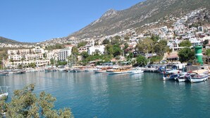Une ville côtière dotée d’un port de plaisance rempli de bateaux, entourée de bâtiments résidentiels et avec une montagne en toile de fond.