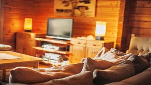 A cozy cabin-style room with a bed, a television, and wooden walls. - Skitunäs Seaside villa in Pyhtää (Pyhtää)