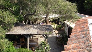 A rustic outdoor area with a wooden bench, a stone wall, and a thatched roof structure. - Golfe Ajaccio sud La Castagna: Charming waterfront home! (Coti-Chiavari)