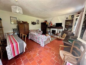 Télévision, cheminée, livres, chaßne hi-fi