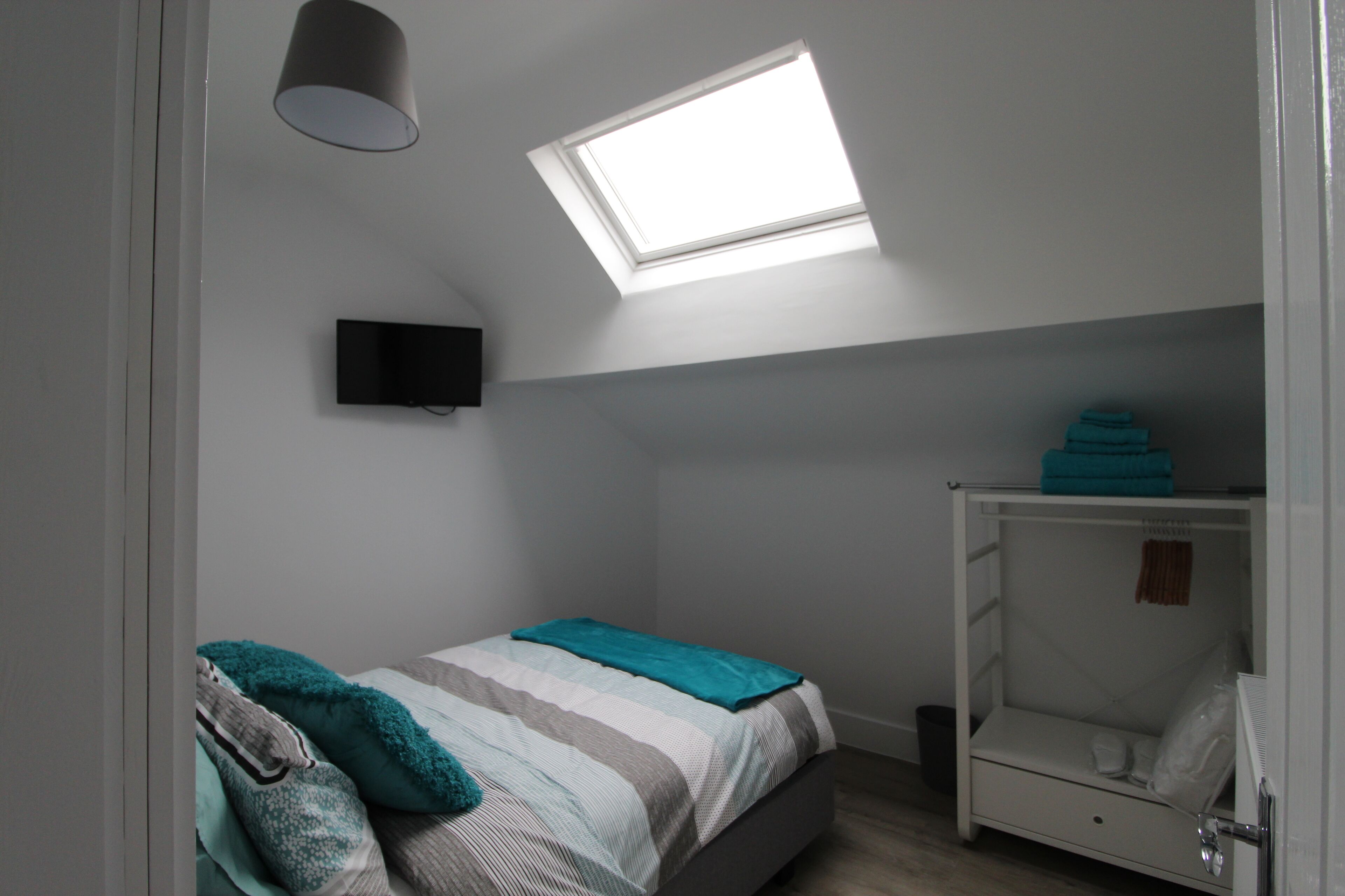 A bedroom with a bed, a skylight, a TV, and a wardrobe.